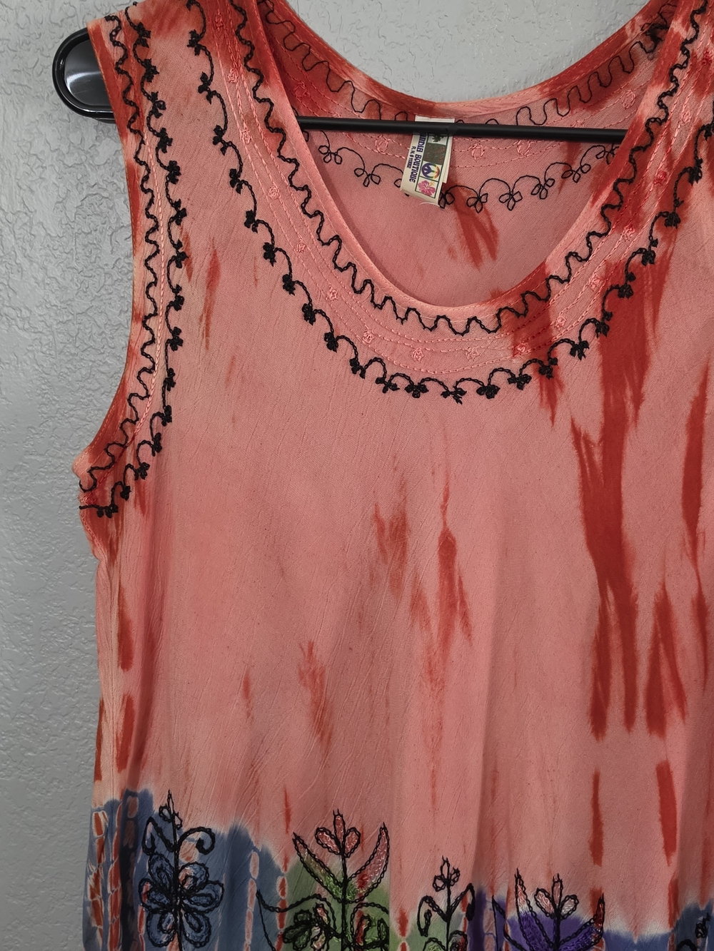 India Boutique Coral Tie-Dye Sleeveless Tank with Multicolor Embroidery Women OS - Picture 2 of 10